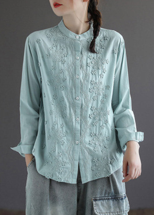 Bohemian White Stand Collar Embroideried Floral Button Solid Cotton Shirt Long Sleeve