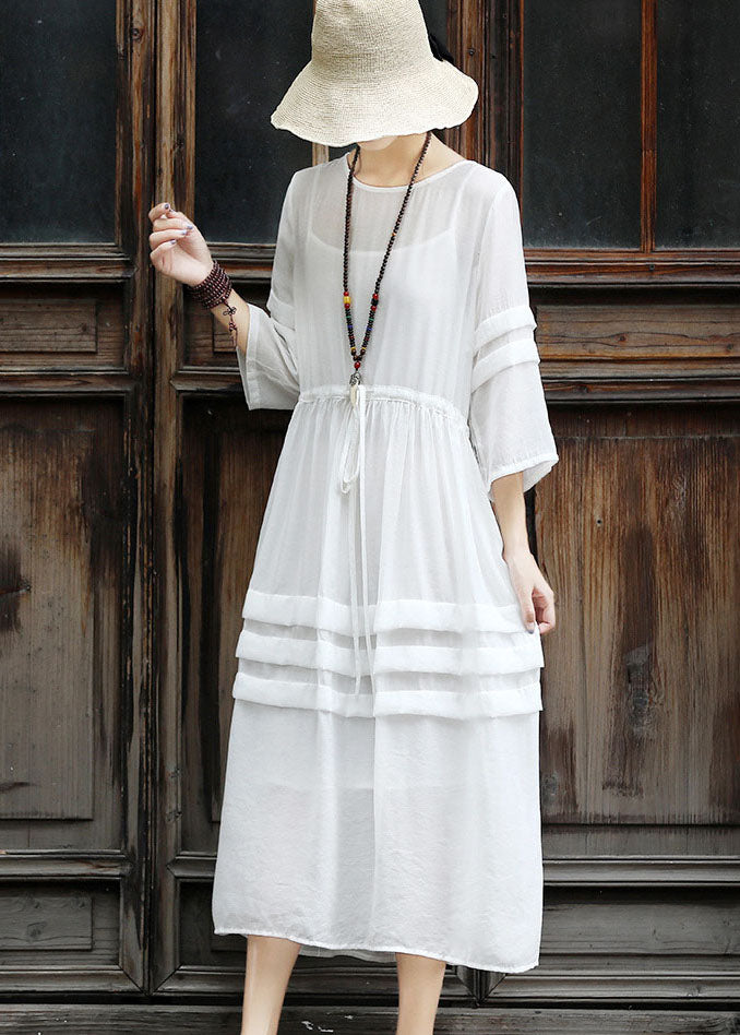 Bohemian White Tie Waist Patchwork Cotton Dress Two Pieces Set Summer