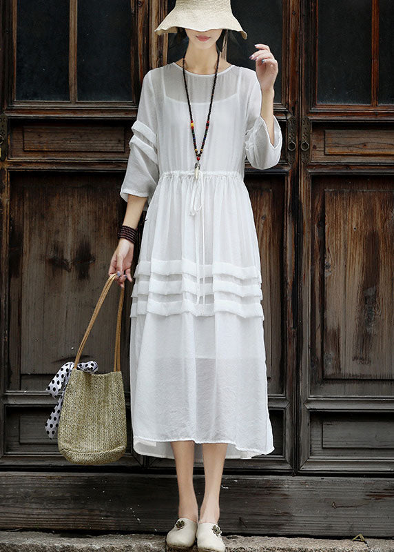 Bohemian White Tie Waist Patchwork Cotton Dress Two Pieces Set Summer