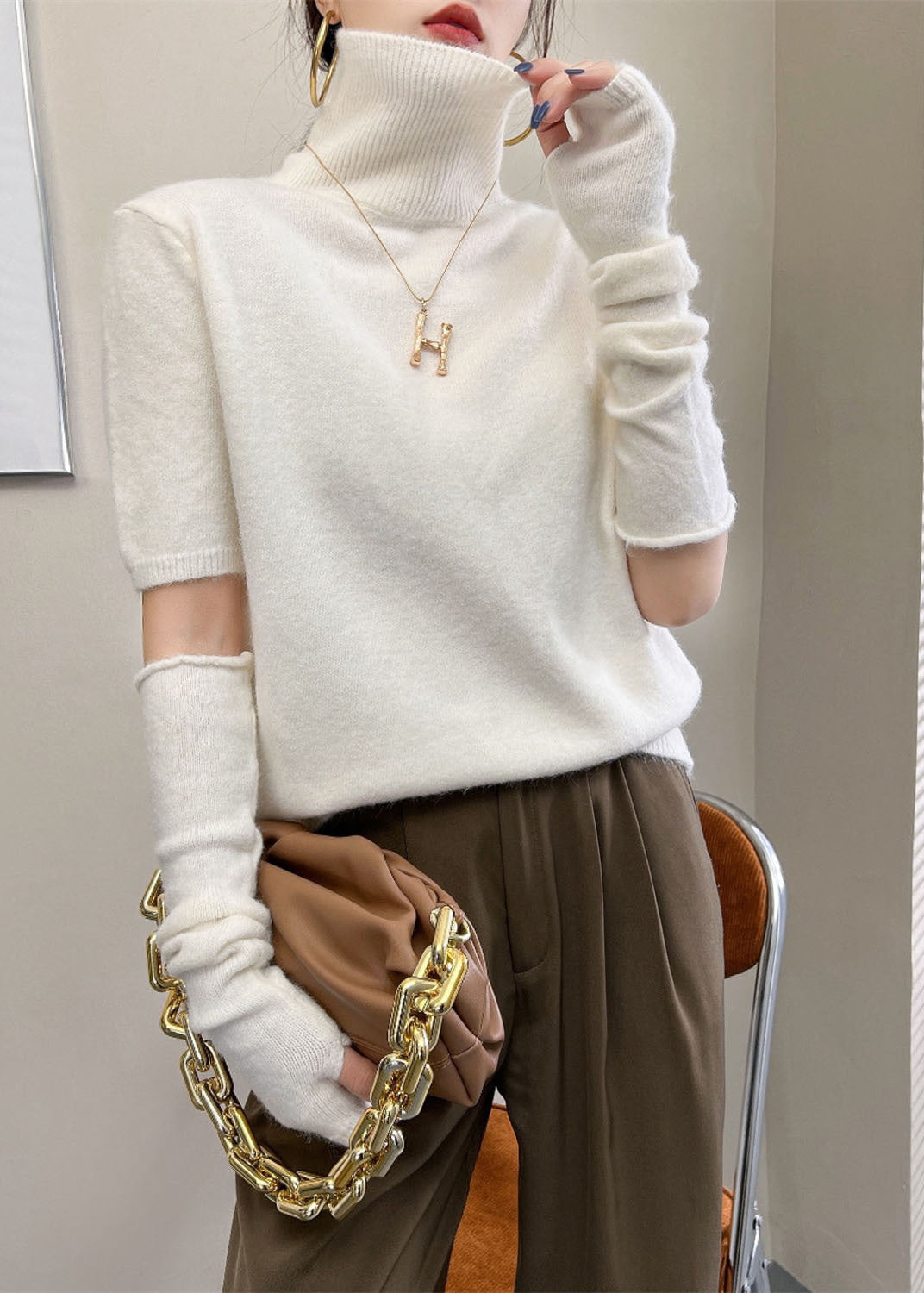 Bohemian White Turtle Neck Thick Knitted Tops Winter