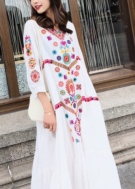 Bohemian White V Neck Embroideried Floral Patchwork Holiday Long Dresses Spring