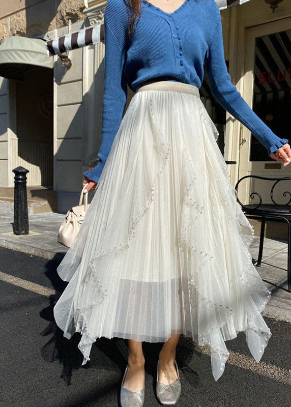 Bohemian White Wrinkled Asymmetrical Patchwork Tulle Skirt Spring