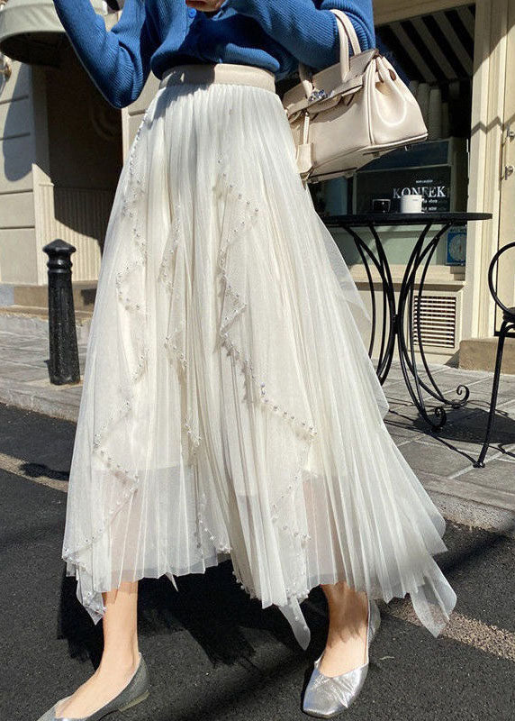 Bohemian White Wrinkled Asymmetrical Patchwork Tulle Skirt Spring