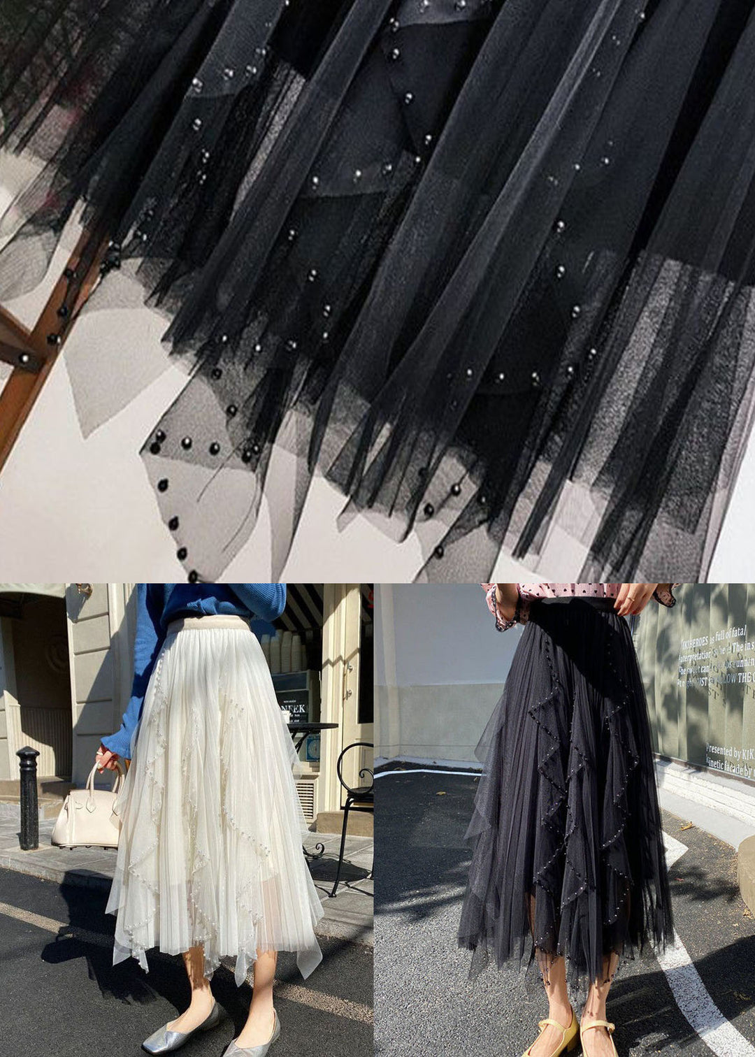 Bohemian White Wrinkled Asymmetrical Patchwork Tulle Skirt Spring