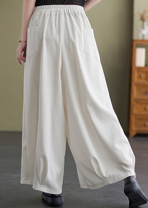 Bohemian White elastic waist Pockets draping wide leg Pants Spring