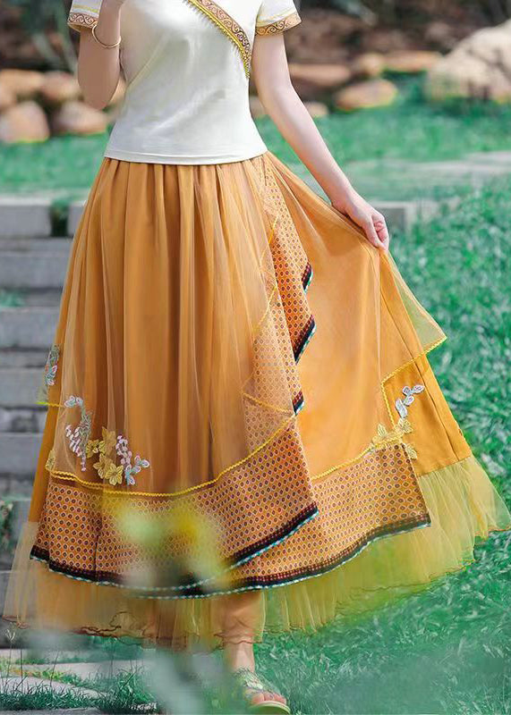 Bohemian Yellow Asymmetrical Patchwork Tulle Skirts Spring
