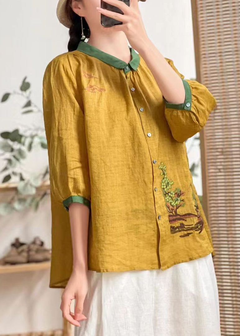 Bohemian Yellow Embroideried Patchwork Linen Shirt Tops Summer