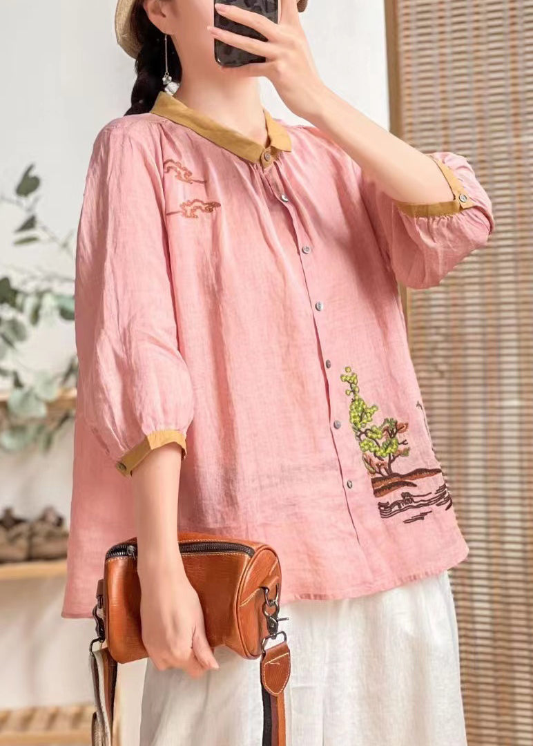 Bohemian Yellow Embroideried Patchwork Linen Shirt Tops Summer