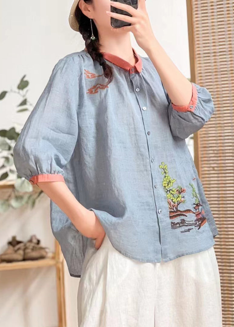 Bohemian Yellow Embroideried Patchwork Linen Shirt Tops Summer