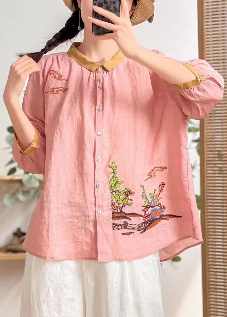 Bohemian Yellow Embroideried Patchwork Linen Shirt Tops Summer