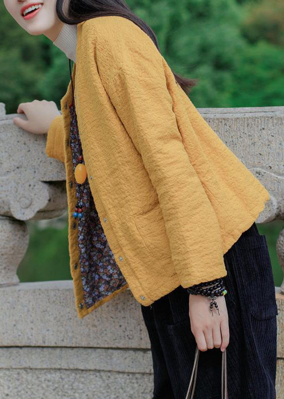 Bohemian Yellow Jacquard Solid Fine Cotton Filled Coat Outwear Winter