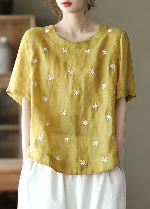 Bohemian Yellow O-Neck Linen Shirt Top Short Sleeve