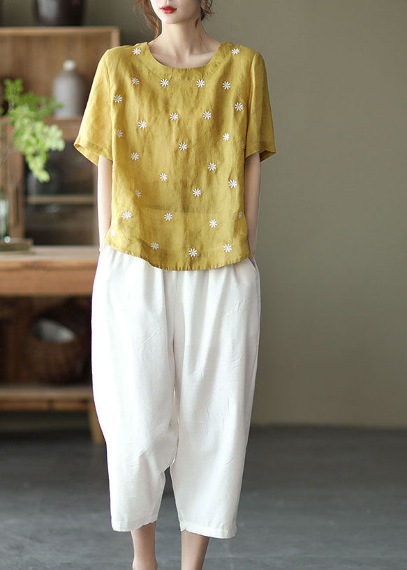 Bohemian Yellow O-Neck Linen Shirt Top Short Sleeve