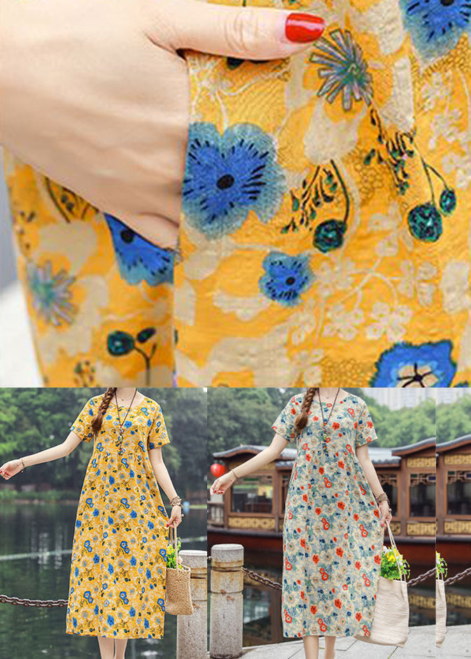 Bohemian Yellow O-Neck Print Cotton Dresses Short Sleeve