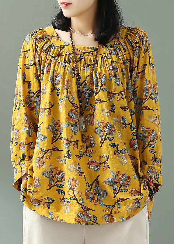 Bohemian Red O Neck Print Loose Cotton T Shirt Fall