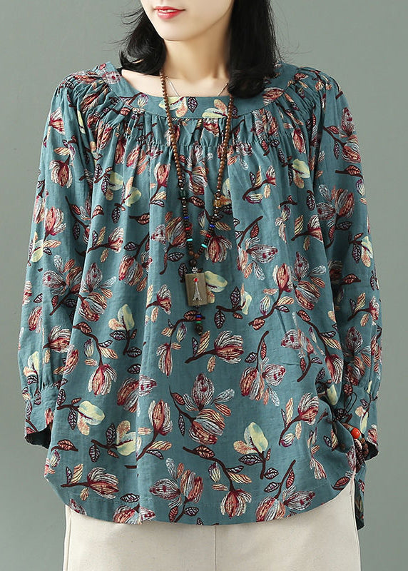 Bohemian Red O Neck Print Loose Cotton T Shirt Fall