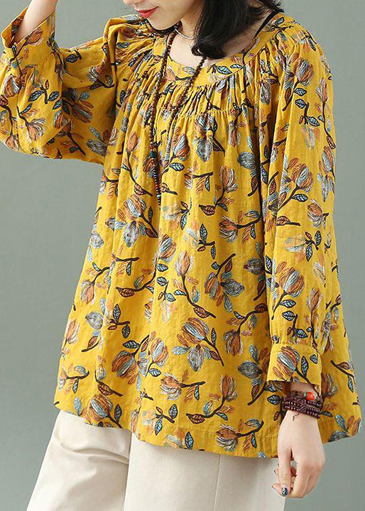 Bohemian Yellow O Neck Print Loose Cotton T Shirt Fall