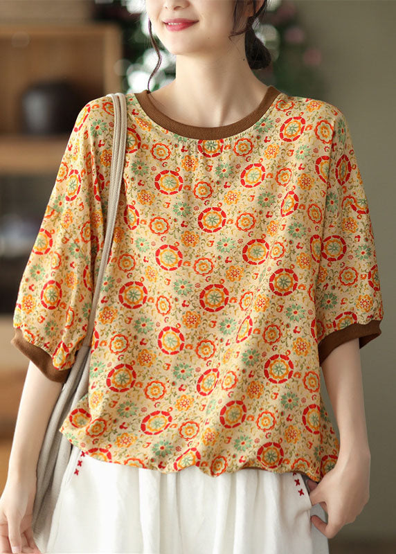 Bohemian Yellow O Neck Print Patchwork Linen Top Summer