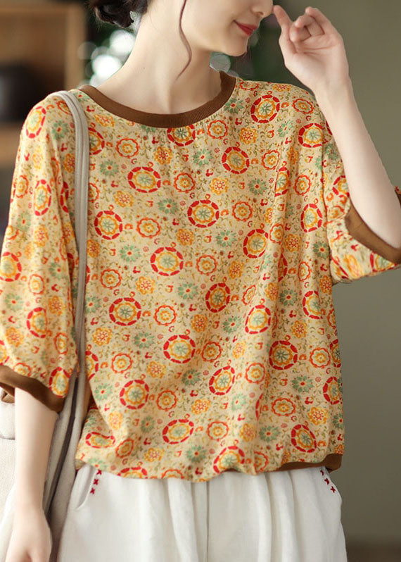 Bohemian Yellow O Neck Print Patchwork Linen Top Summer
