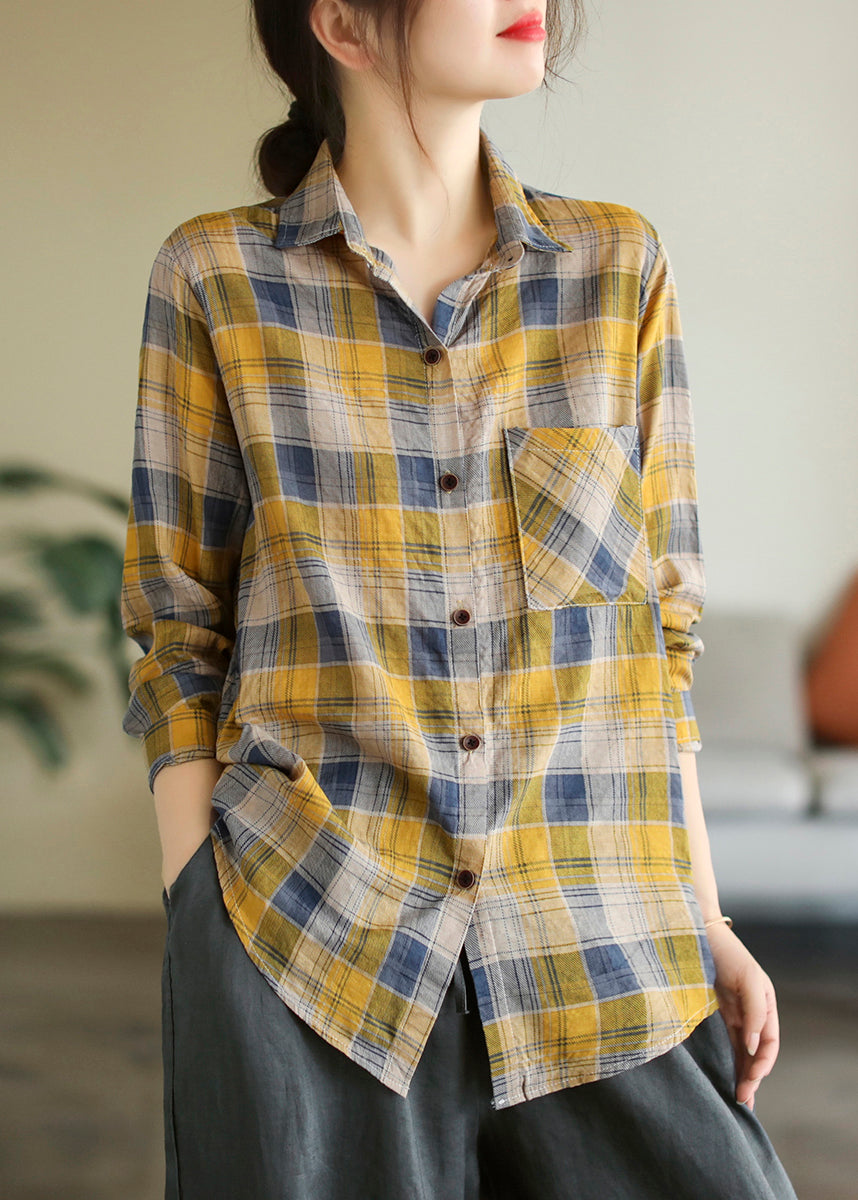 Bohemian Yellow Peter Pan Collar Plaid Button Cotton Shirt Long Sleeve