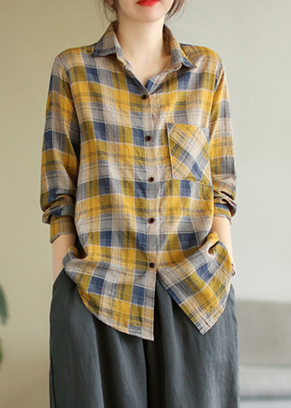 Bohemian Yellow Peter Pan Collar Plaid Button Cotton Shirt Long Sleeve