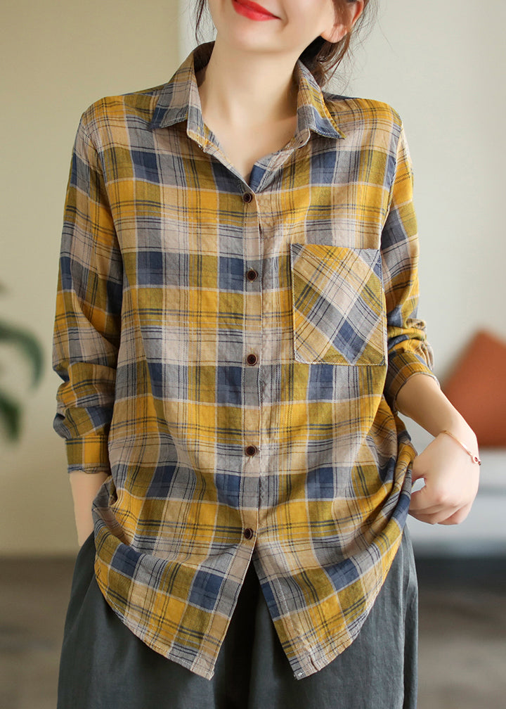 Bohemian Yellow Peter Pan Collar Plaid Button Cotton Shirt Long Sleeve