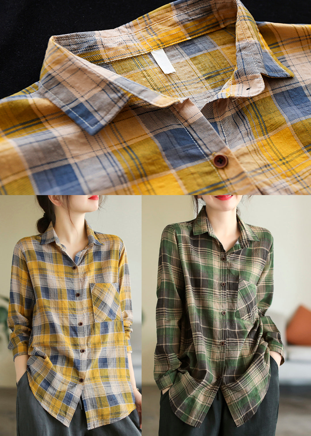 Bohemian Yellow Peter Pan Collar Plaid Button Cotton Shirt Long Sleeve