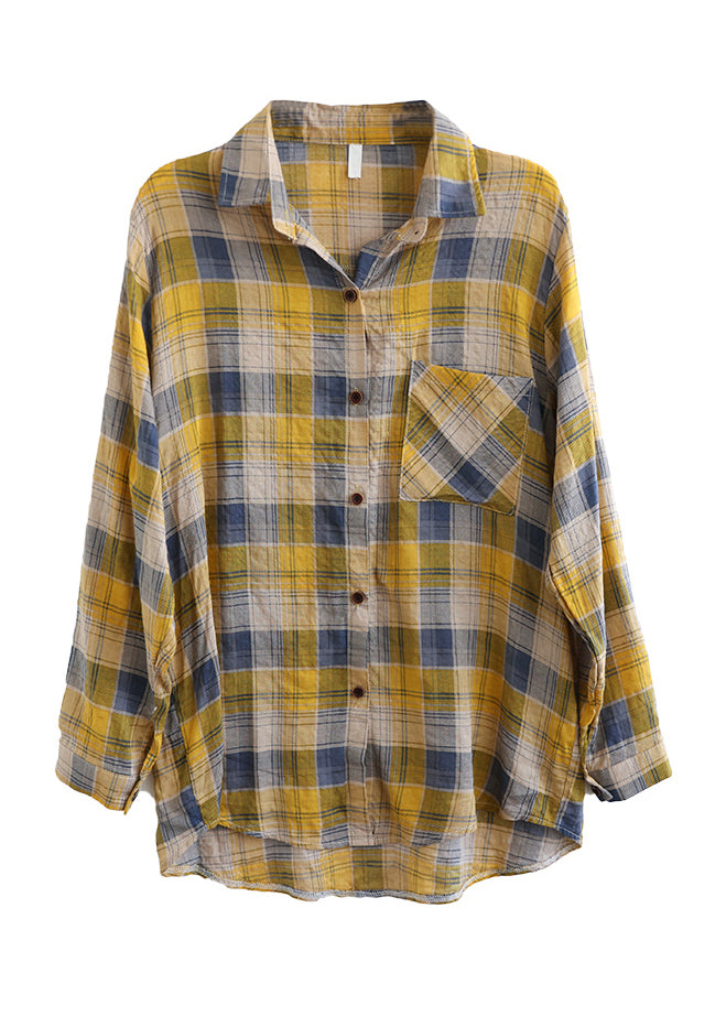 Bohemian Yellow Peter Pan Collar Plaid Button Cotton Shirt Long Sleeve