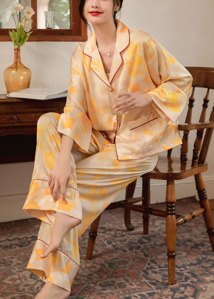Bohemian Yellow Print Oversized Ice Silk Pajamas Two Piece Set Batwing Sleeve