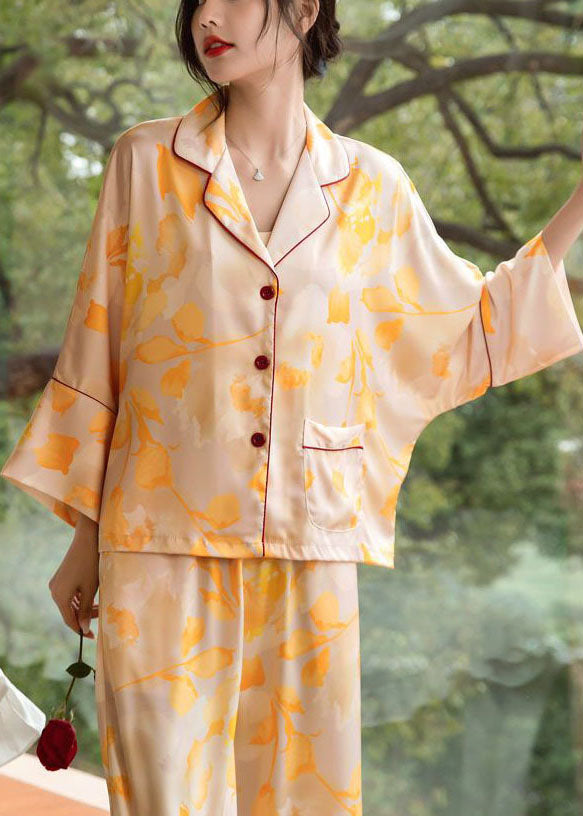 Bohemian Yellow Print Oversized Ice Silk Pajamas Two Piece Set Batwing Sleeve