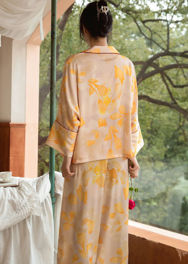 Bohemian Yellow Print Oversized Ice Silk Pajamas Two Piece Set Batwing Sleeve