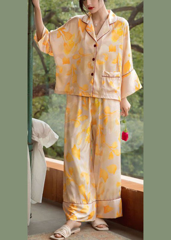 Bohemian Yellow Print Oversized Ice Silk Pajamas Two Piece Set Batwing Sleeve