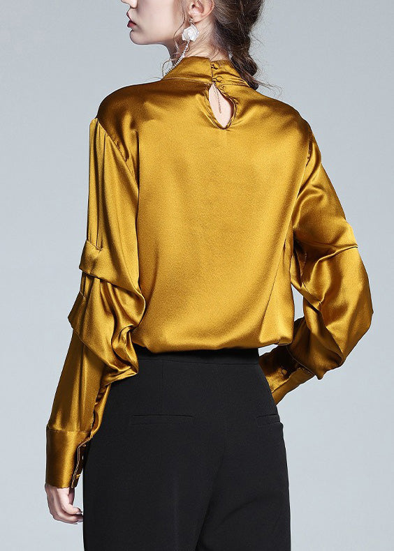 Bohemian Yellow Stand Collar Silk Top Lantern Sleeve