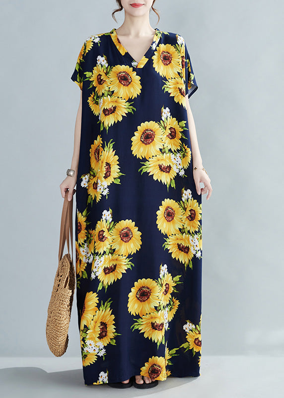 Bohemian Yellow V Neck Sunflower Maxi Dress Summer