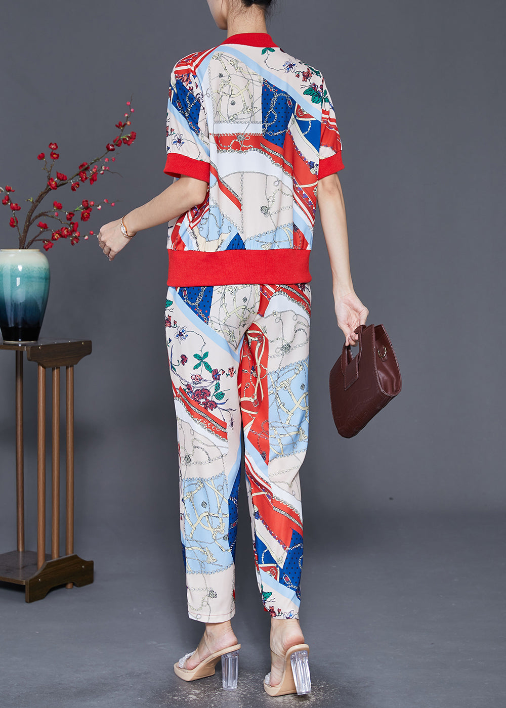 Bohemian Zip Up Print Spandex Two Pieces Set Fall