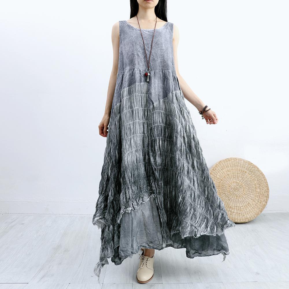 Bohemian asymmetric hem linen dresses design gray patchwork Dresses summer - Omychic
