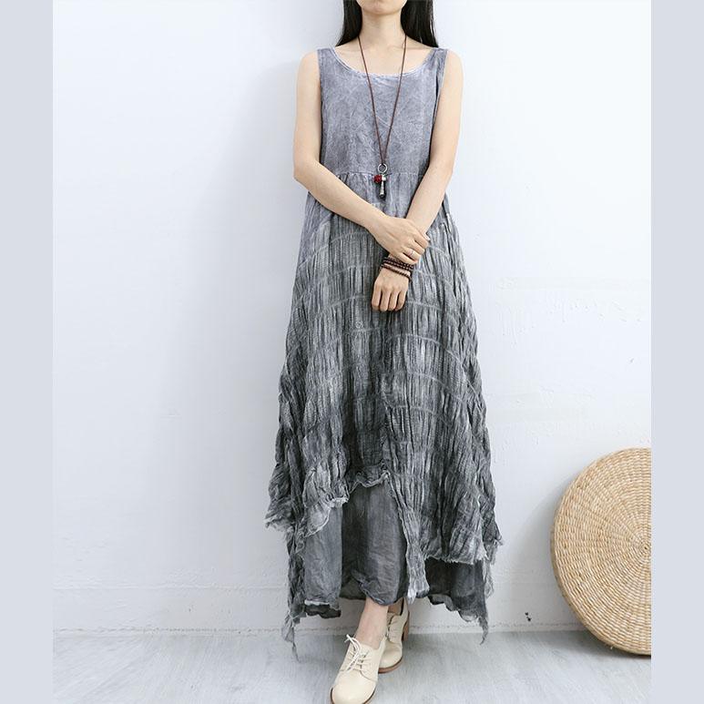 Bohemian asymmetric hem linen dresses design gray patchwork Dresses summer - Omychic