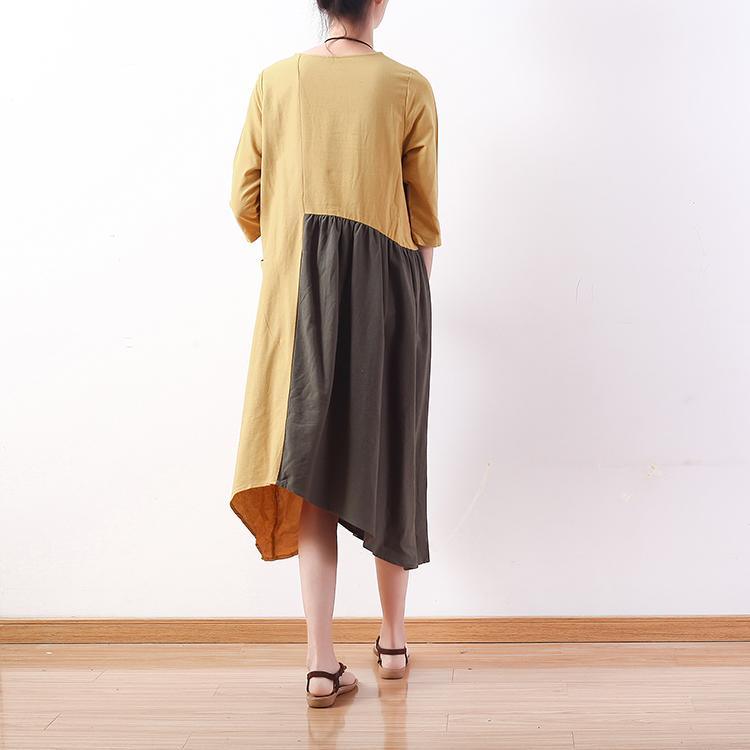 Bohemian asymmetric linen cotton Tunics Sewing yellow patchwork Dresses fall - Omychic