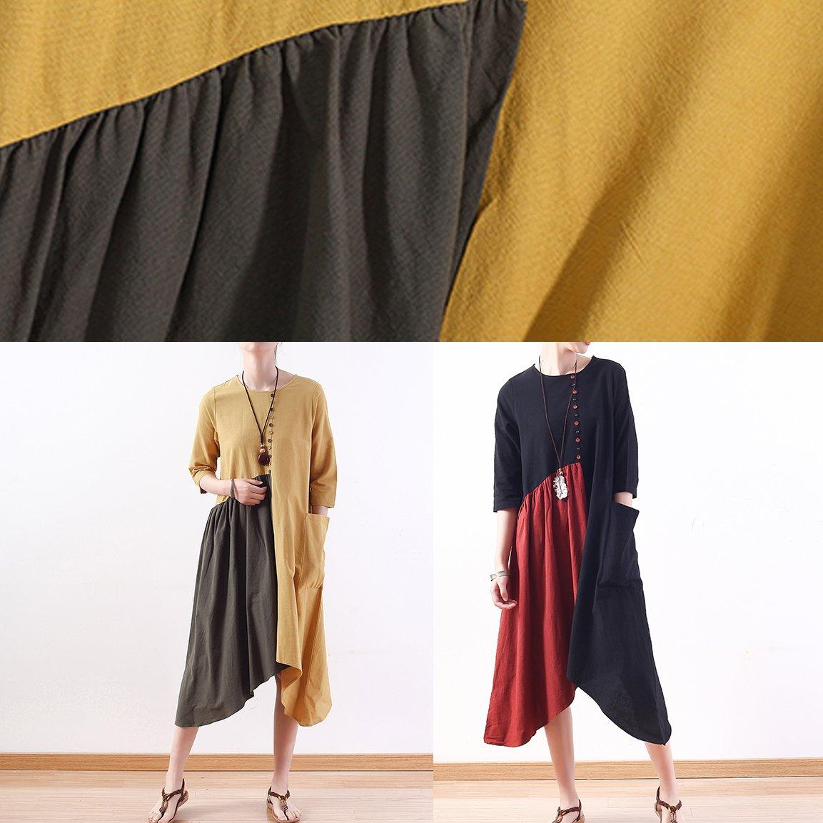 Bohemian asymmetric linen cotton Tunics Sewing yellow patchwork Dresses fall - Omychic
