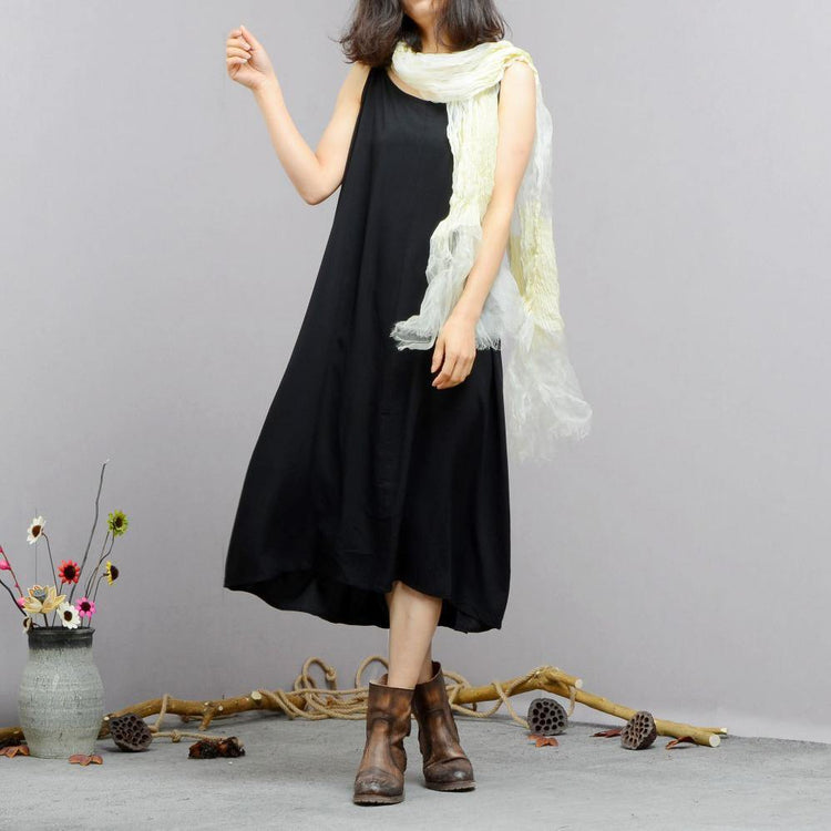 Bohemian black linen cotton dresses Casual Photography Spaghetti Strap Maxi summer Dress - Omychic