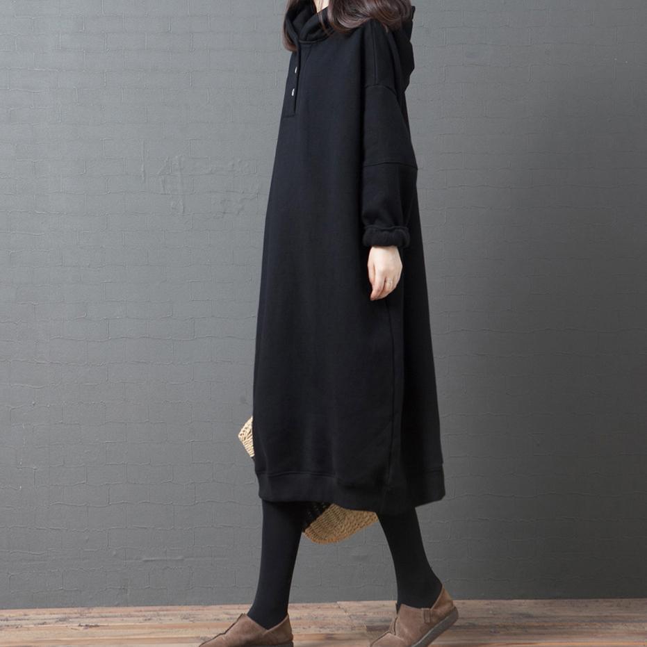 Bohemian black print cotton quilting clothes hooded long Dresses - Omychic