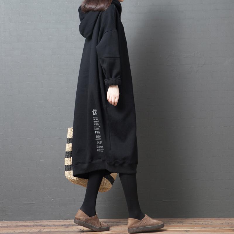 Bohemian black print cotton quilting clothes hooded long Dresses - Omychic