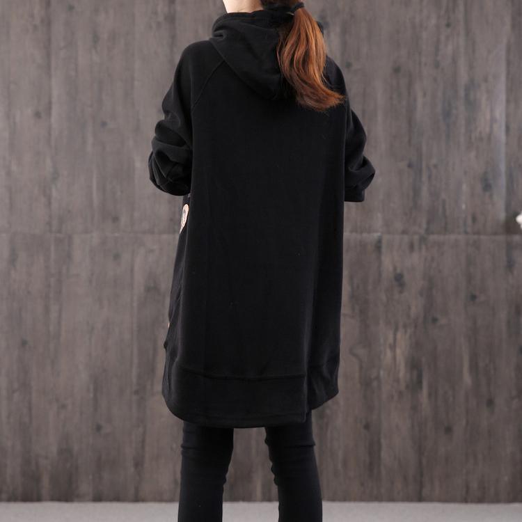 Bohemian black print cotton tunic top hooded pockets loose shirts - Omychic