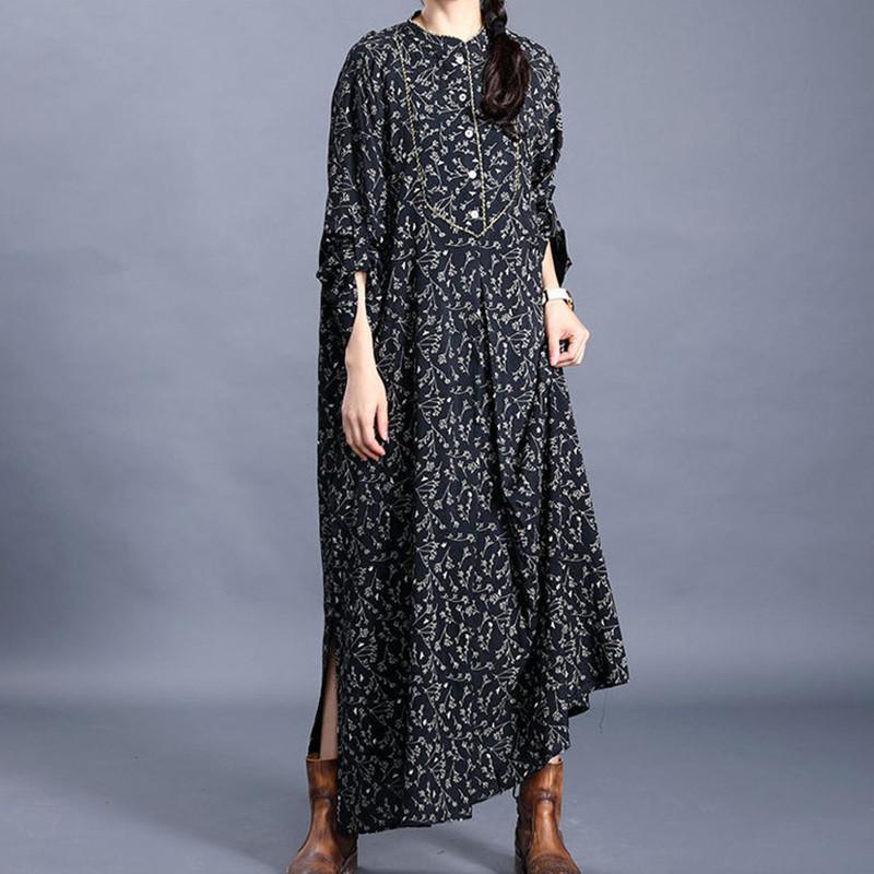 Bohemian black print tunic dress o neck side open Art spring Dresses - Omychic