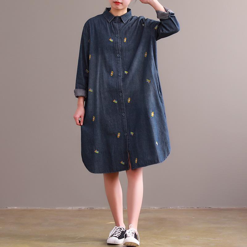 Bohemian blue Cotton clothes Women Indian Inspiration side open embroidery baggy Dress - Omychic