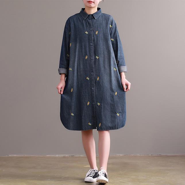 Bohemian blue Cotton clothes Women Indian Inspiration side open embroidery baggy Dress - Omychic