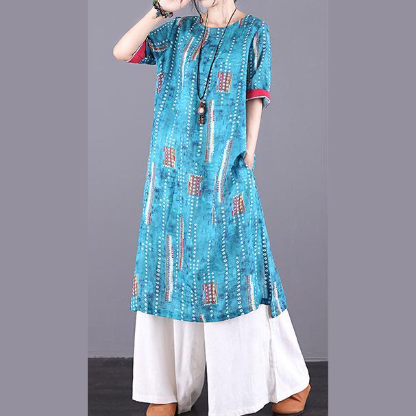 Bohemian blue print linen outfit o neck side open baggy summer Dress - Omychic