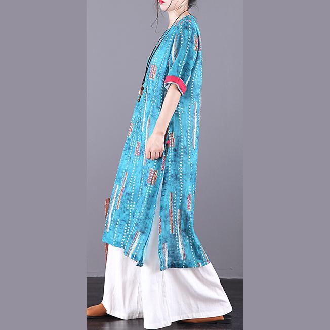 Bohemian blue print linen outfit o neck side open baggy summer Dress - Omychic