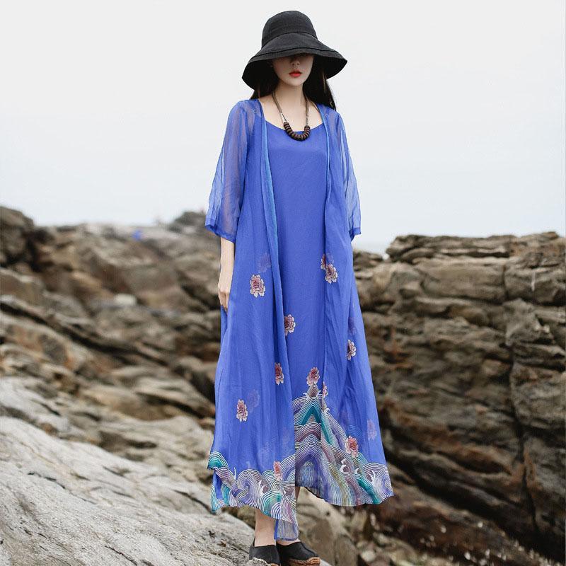Bohemian cardigan half sleeve Robes Photography blue print Dress summer - Omychic