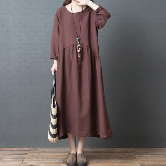 Bohemian chocolate linen Long Shirts Korea Inspiration o neck wrinkled Art Dresses - Omychic